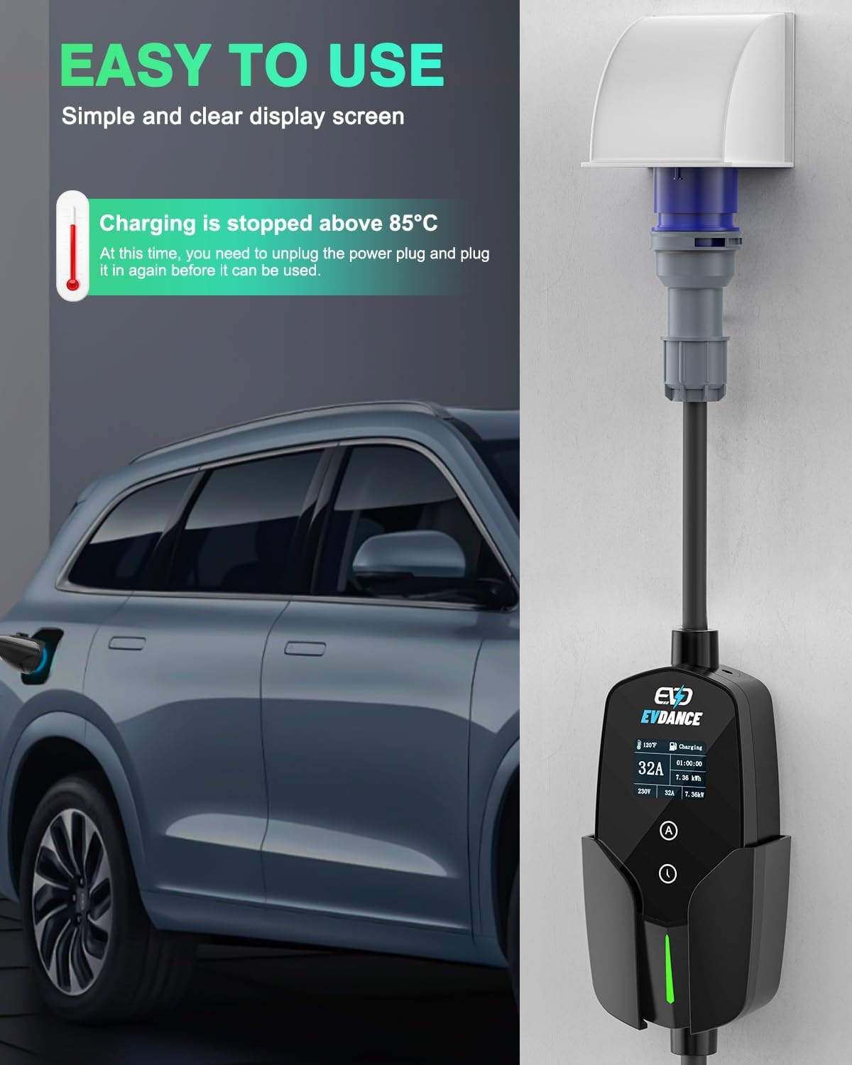 EVDANCE-Chargeur de voiture él - Portable Ev Charger 32A Type 2 Cee Plug avis et prix